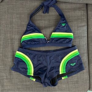 SOLD Retro 90s Y2K Roxy Halter Boy Shorts Navy & Green Stripe Bikini
